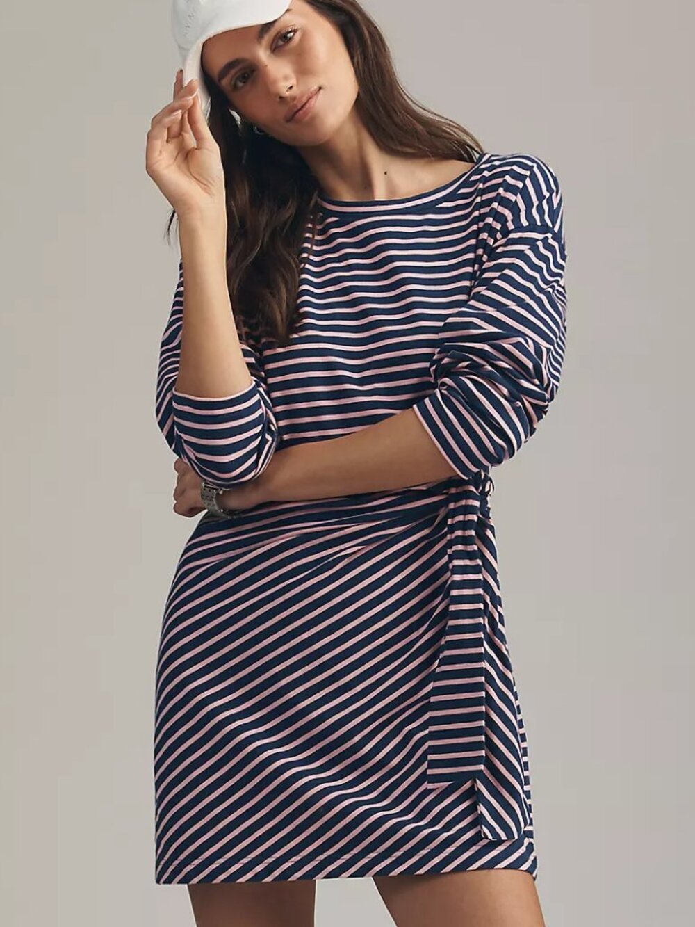 Anthropologie Daily Practice Striped Long-Sleeve Mini Dress, Navy/Pink, M